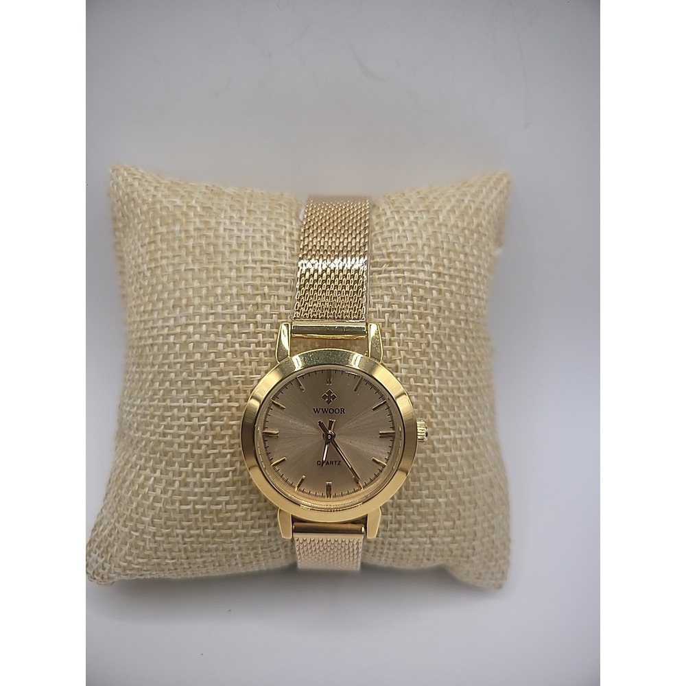 Wwoor Wristwatch Watch Women Gold Tone Analog Skeleton Mesh Band